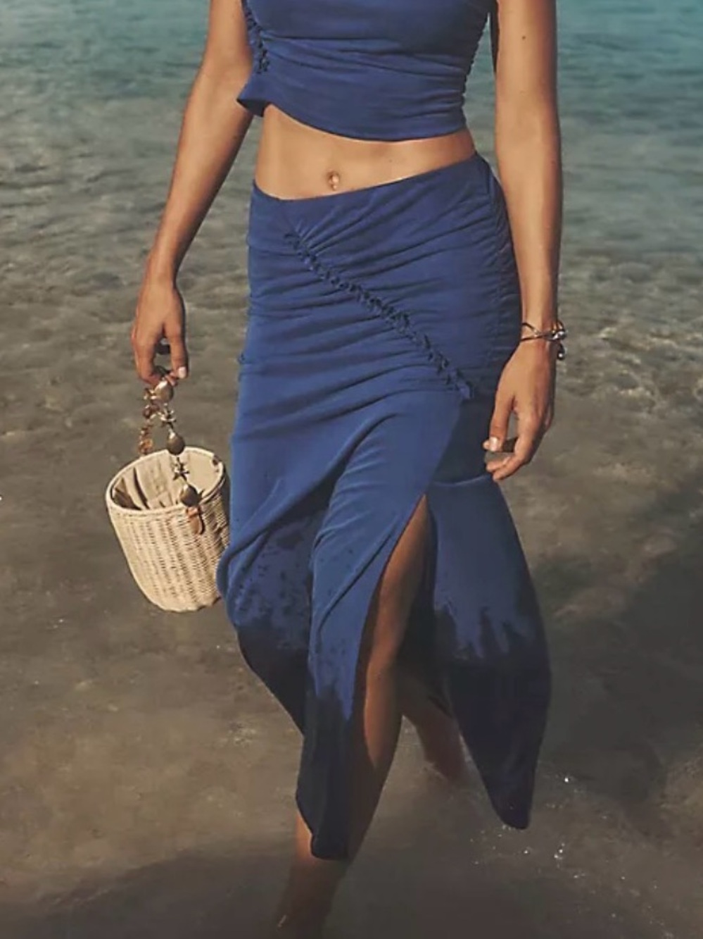 Anthropologie Celandine The Gabbie Ruched Midi Skirt in Blue sz Small
